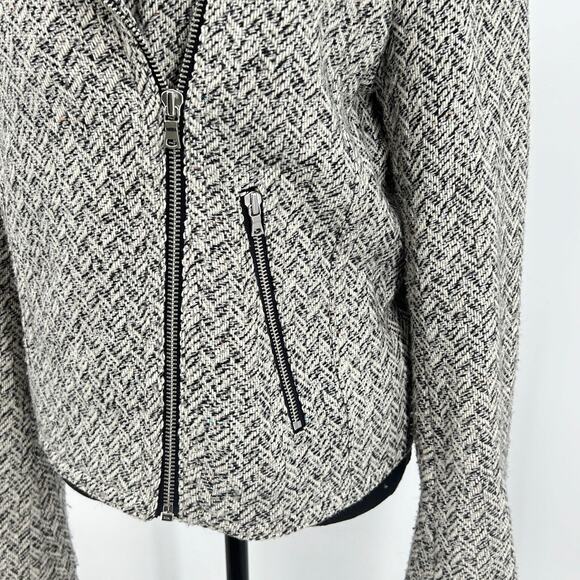 Herringbone Wool Tweed Moto Jacket Warm Textured Black White Women’s M Tall - Picture 6 of 9